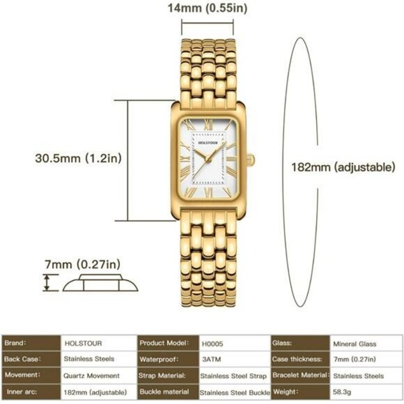 Vintage Gold Roman Numeral Watch Womens Waterproof Rectangular Dial Gift - Picture 4 of 7